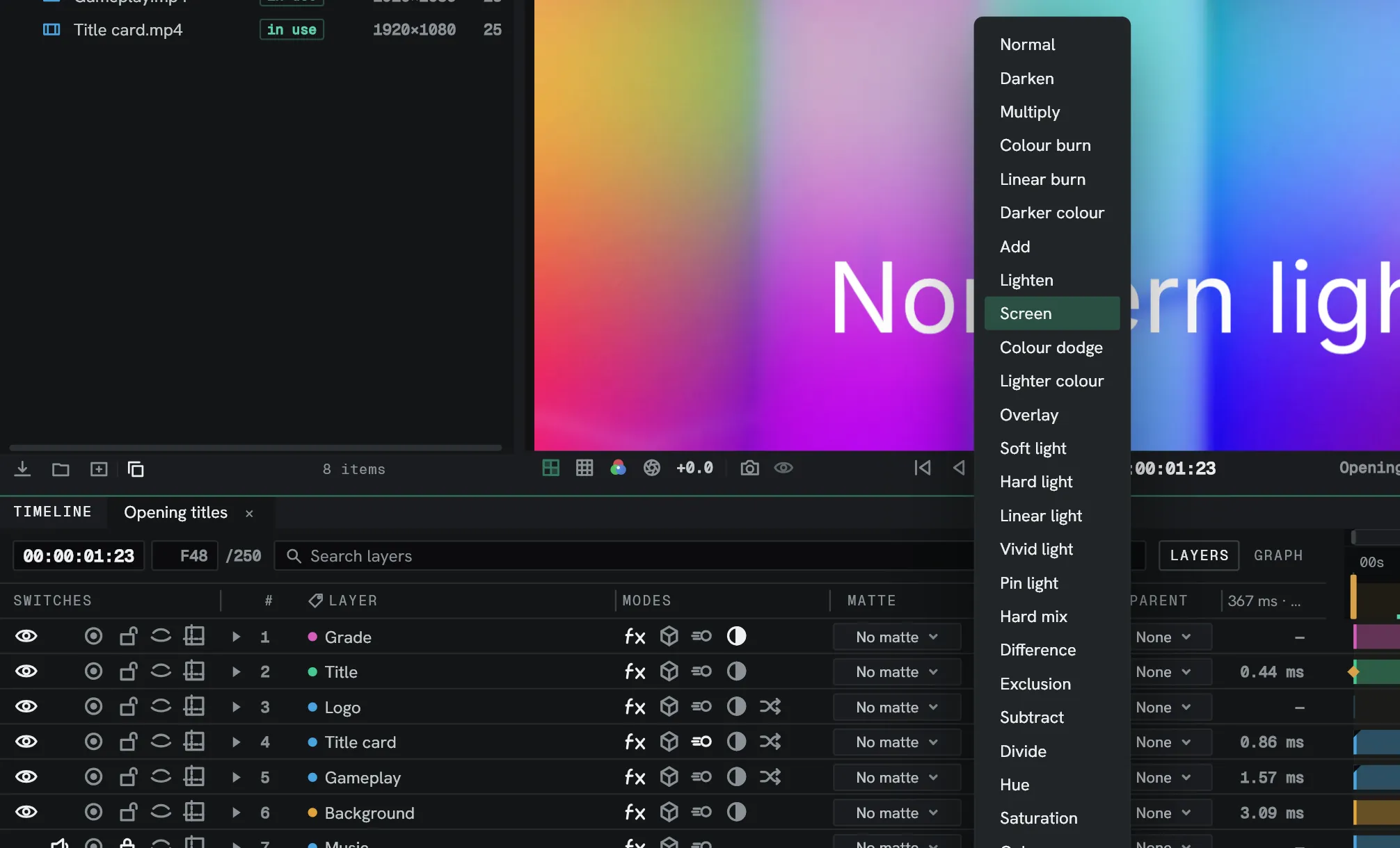 The blend-mode dropdown in the Timeline.
