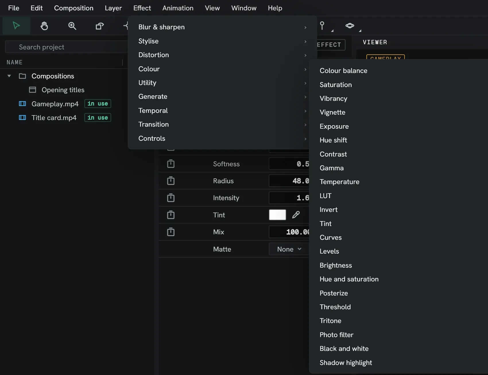 The Effect menu.