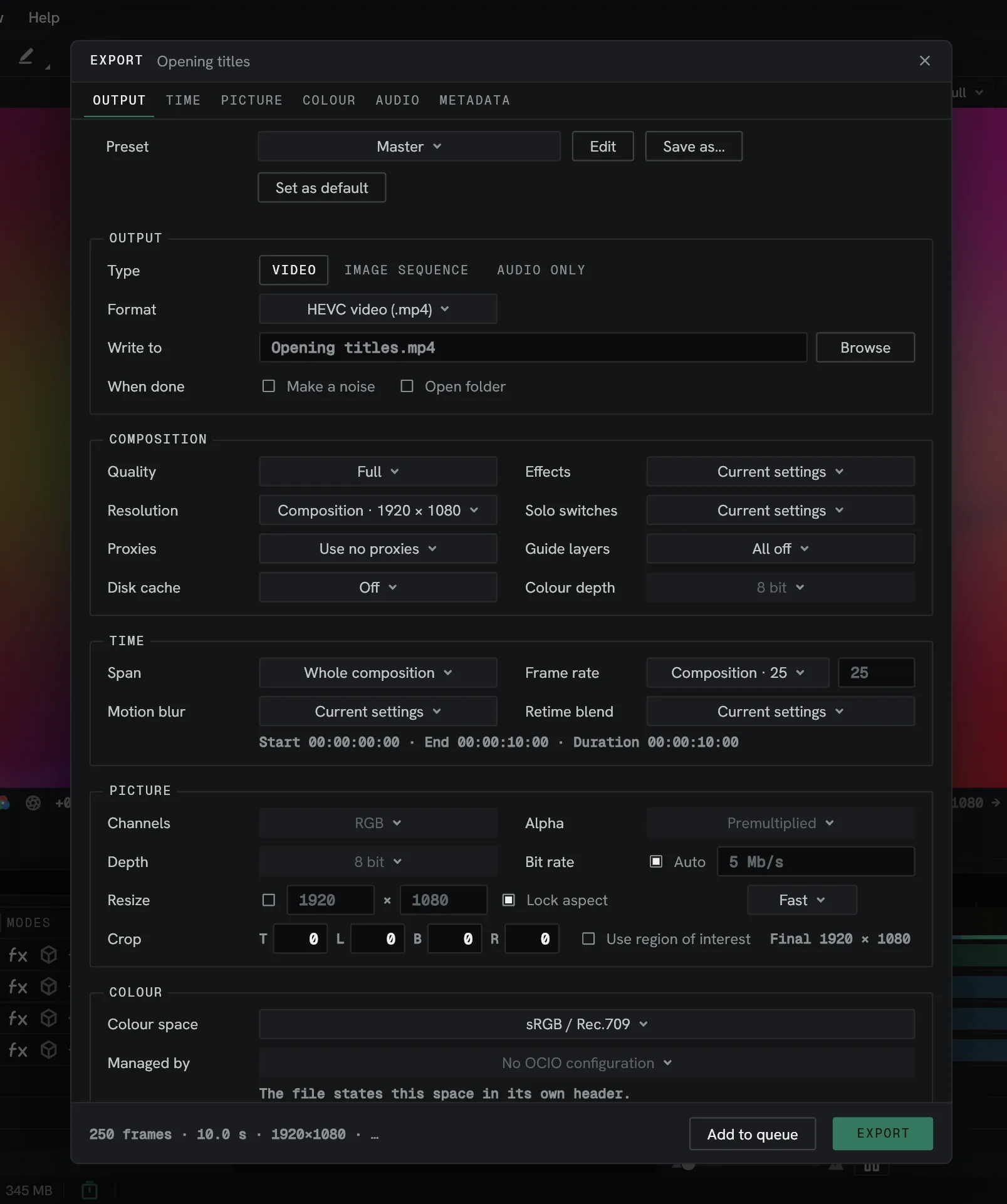 The export dialogue, on the Output tab.