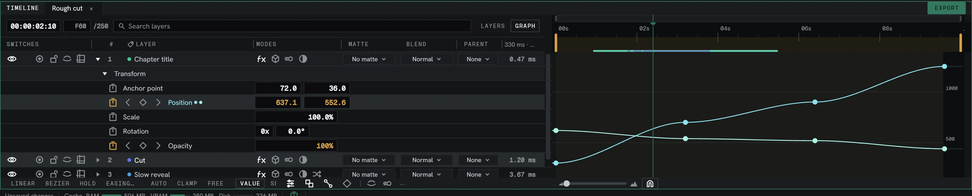 The graph editor, showing the value graph.