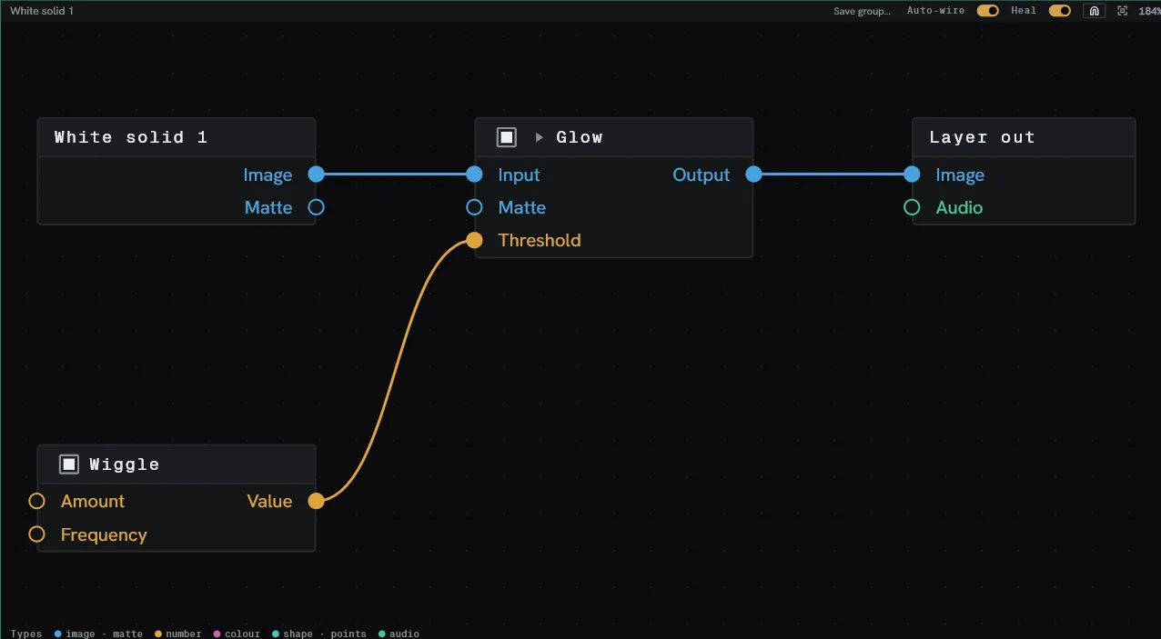 A layer's chain with a Wiggle driver wired into Glow's Threshold.