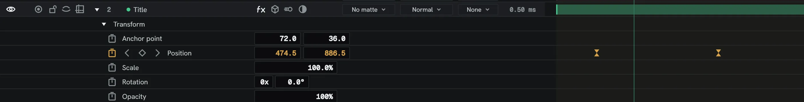 The stopwatch beside Position, turned on, with two keyframes on the row.