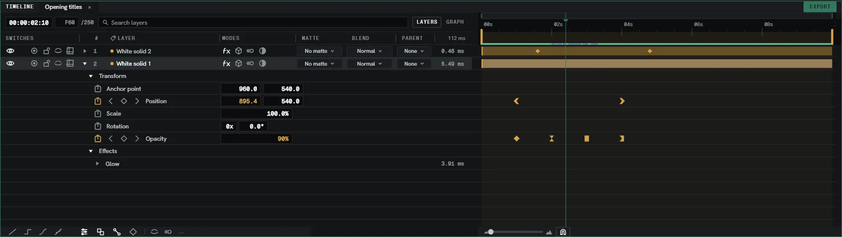 Layers mode, a layer twirled open: keyframes on their own lanes, shaped by their interpolation.