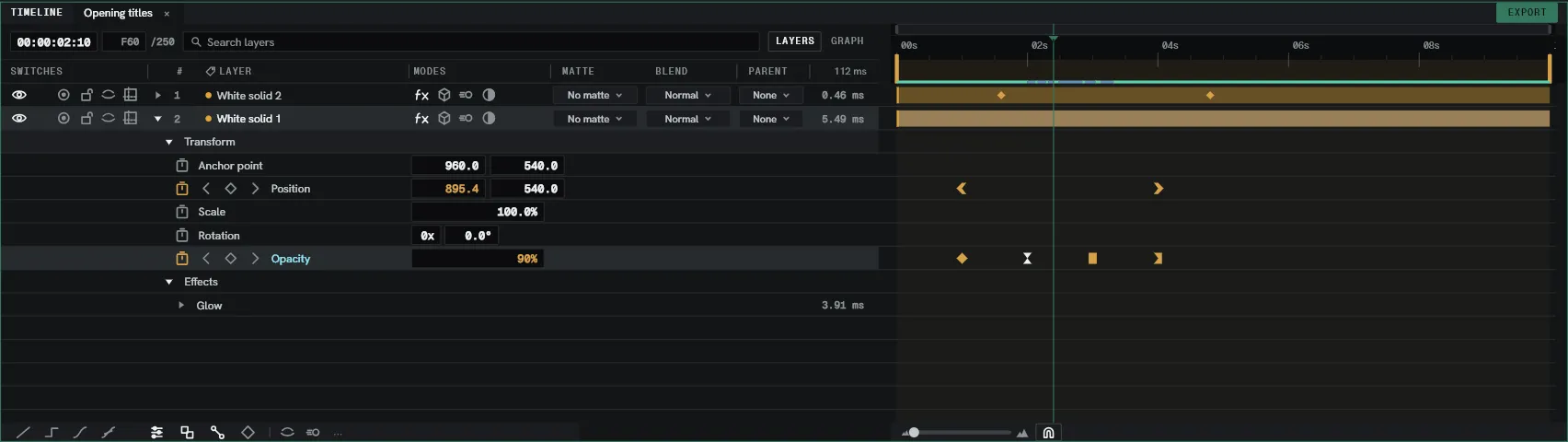 Two layers, one twirled open, with keyframes on Position and Opacity.
