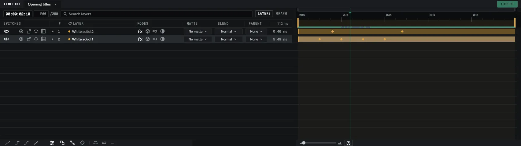Layers mode with everything shut: a summary diamond on the bar for each keyframe.