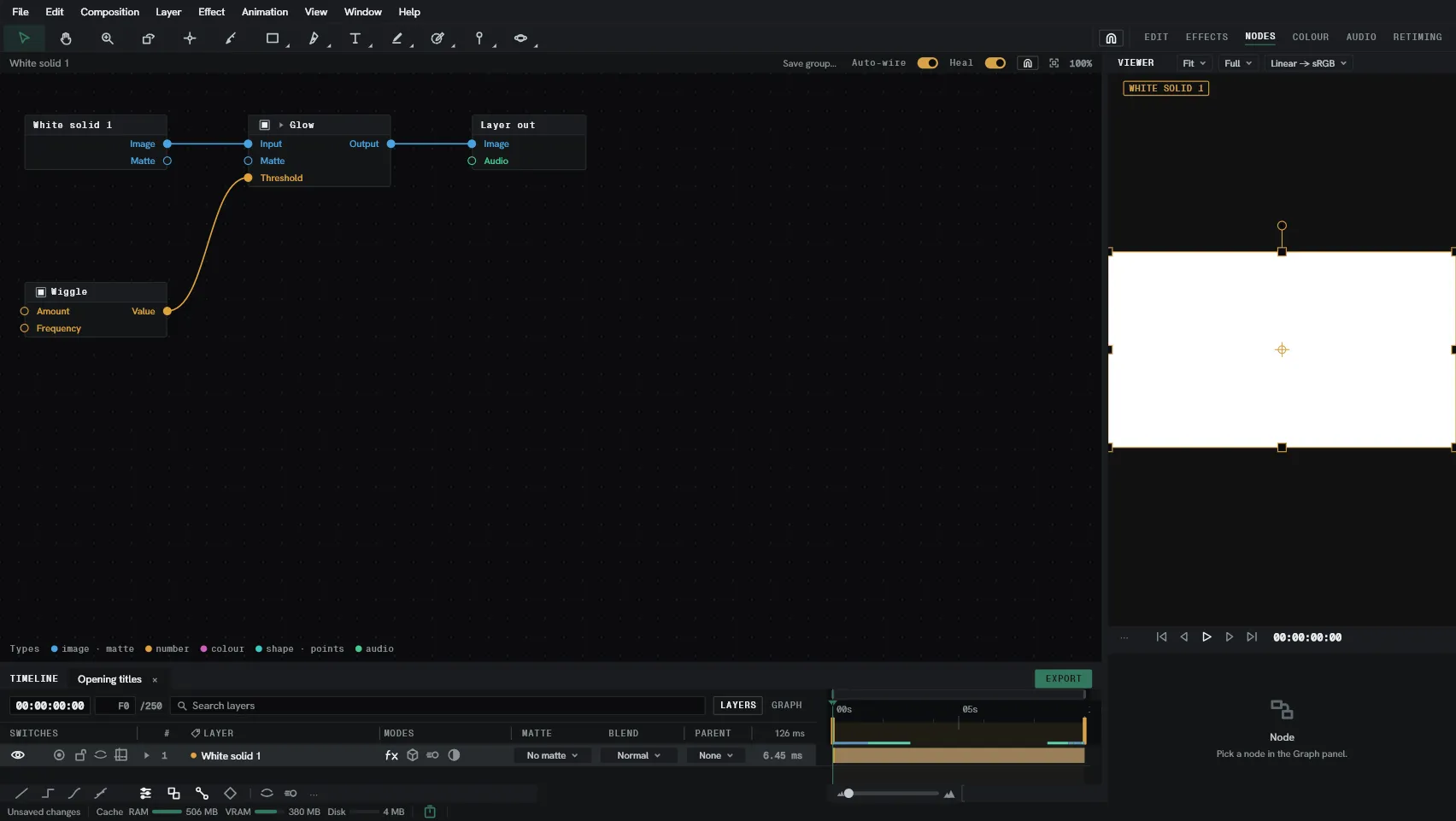 The Nodes workspace: the graph across most of the window, a small Viewer and the Node panel down the right.