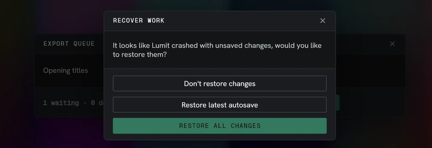 The crash-recovery dialogue, offering the journal, the newest autosave, or the saved file.