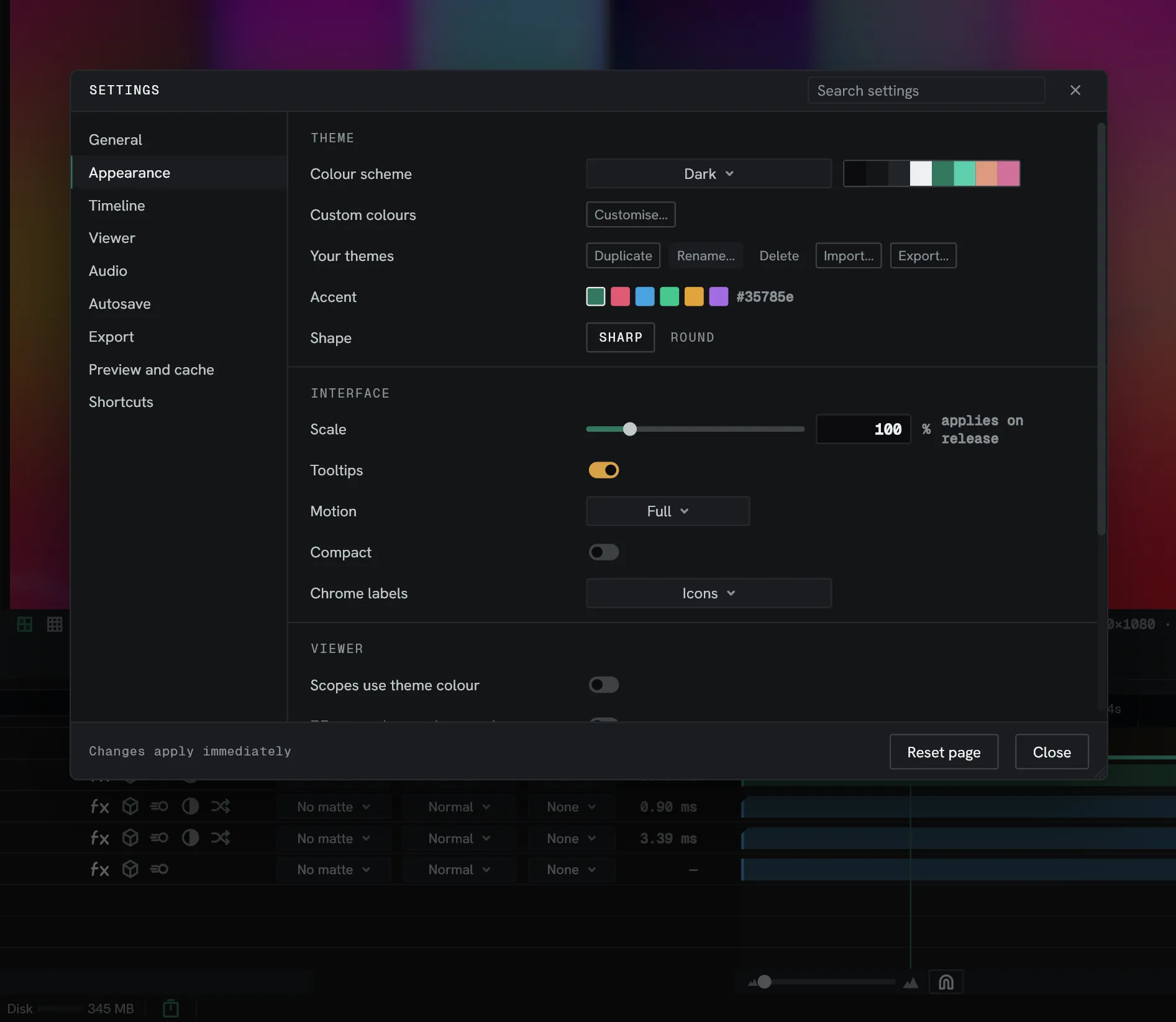 The settings window, on the Appearance page.