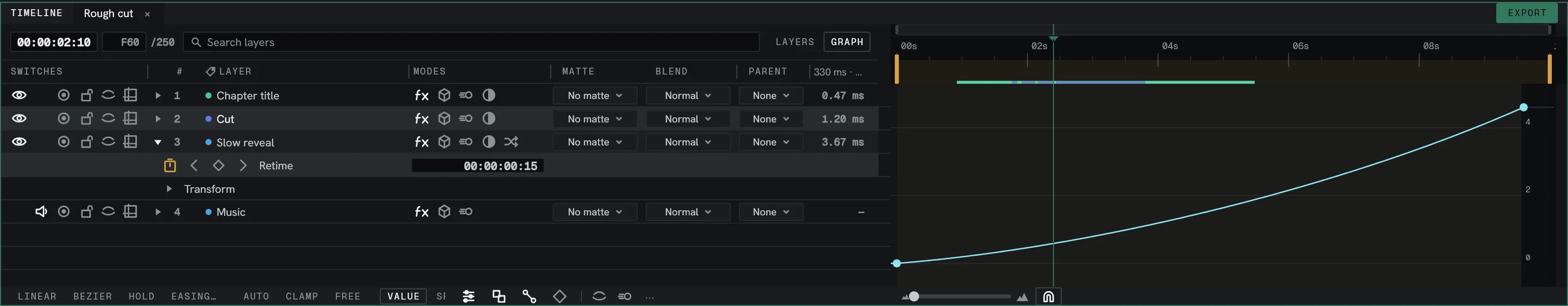 A speed ramp in the graph editor, seen through the Speed lens.