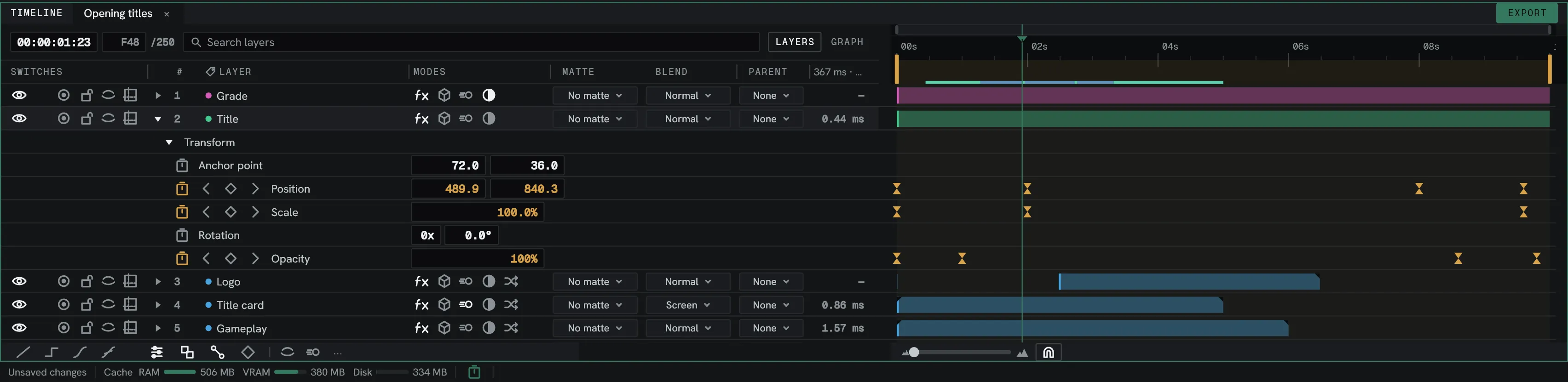 A layer twirled open, showing its properties and keyframes.
