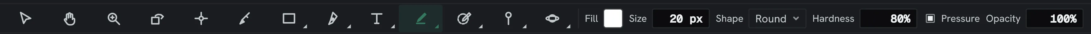 The toolbar. One tool is active at a time; groups open a flyout.