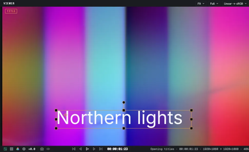 The Viewer, with a text layer selected and its transform gizmo showing.
